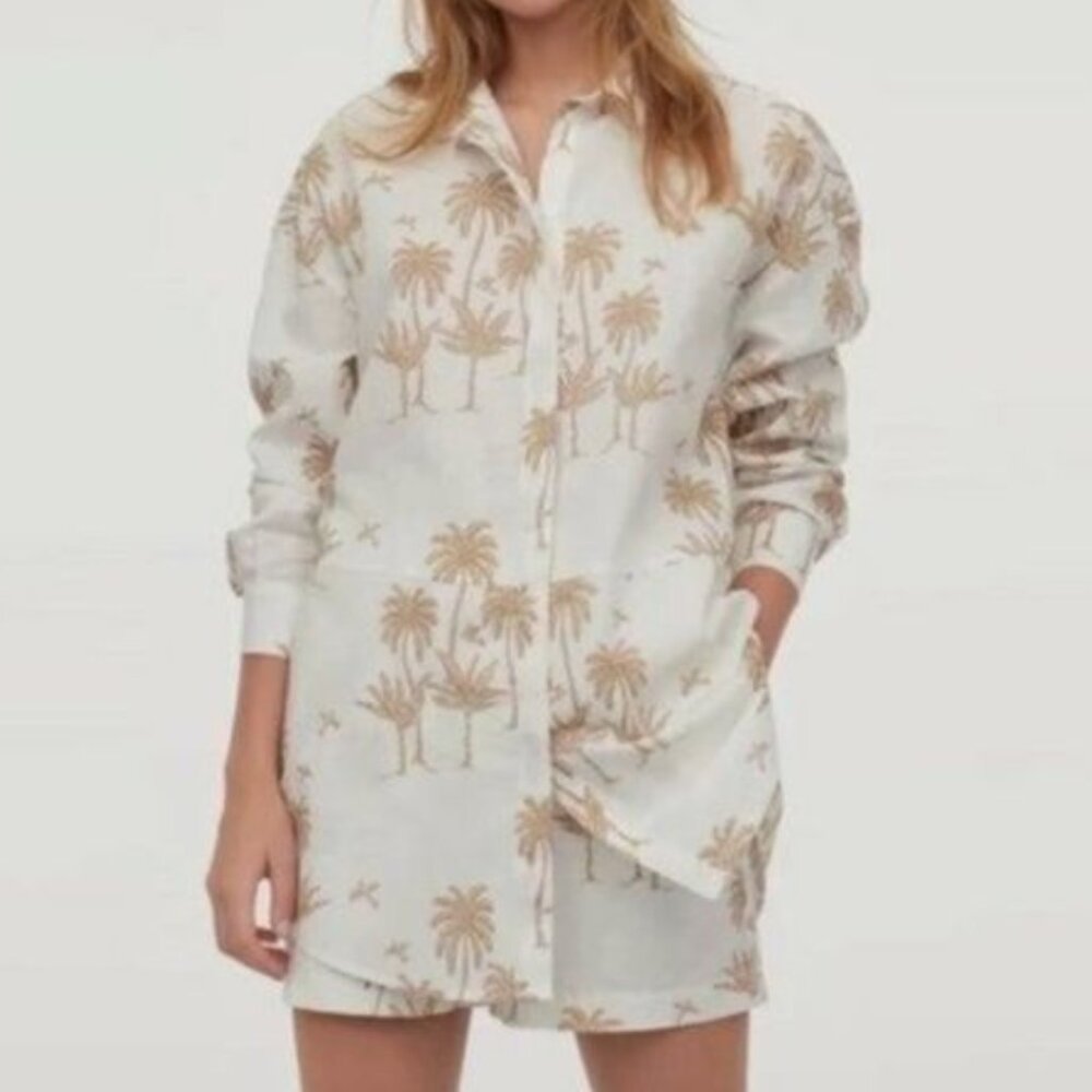 H&M Desmond & Dempsey EUC cotton linen neutral palm print boyfriend button top S